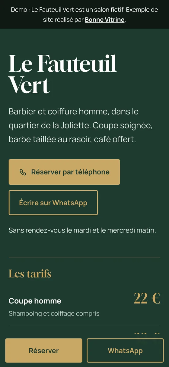 Site de démonstration du barbier Le Fauteuil Vert