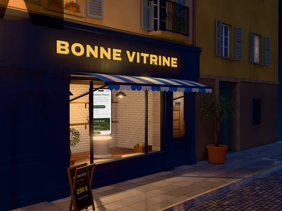 La devanture Bonne Vitrine la nuit, vue de côté : enseigne dorée, store rayé, vitrine éclairée et ardoise sur le trottoir.