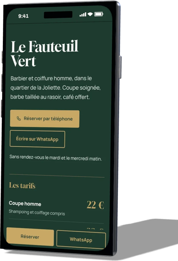 Le site du barbier Le Fauteuil Vert sur un téléphone