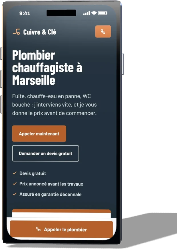 Le site du plombier Cuivre et Clé sur un téléphone