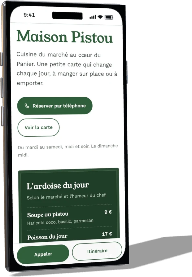 Le site du restaurant Maison Pistou sur un téléphone