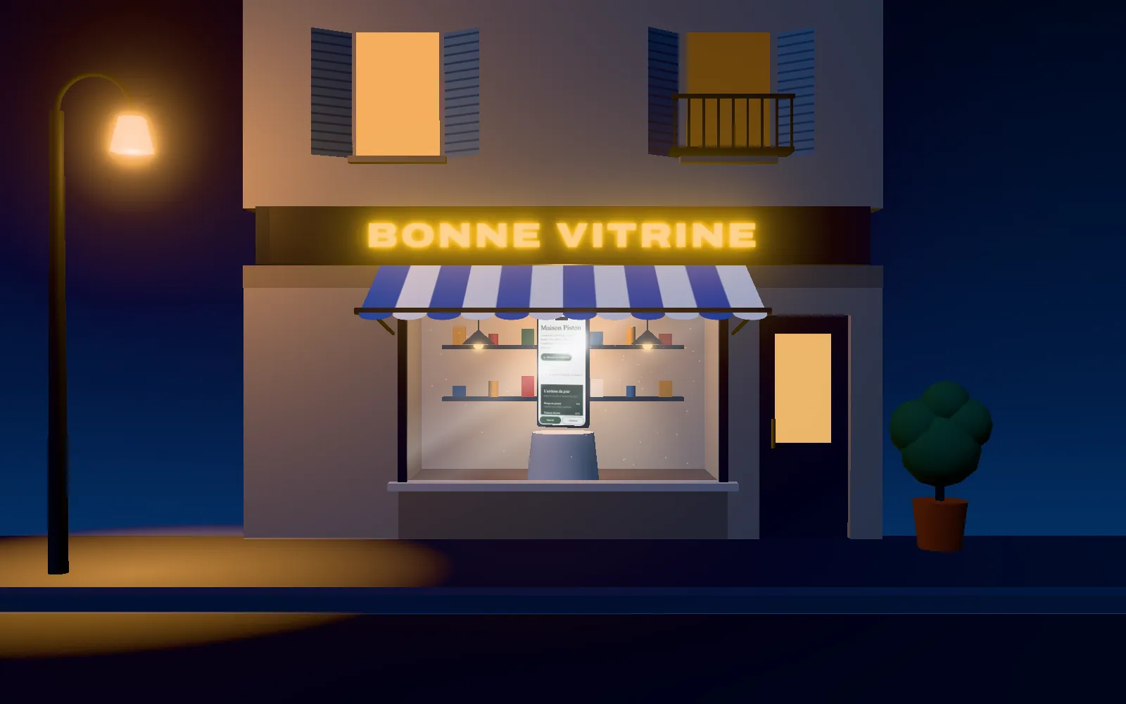 Une boutique la nuit : le store rayé bleu et blanc est déroulé, l'enseigne Bonne Vitrine est allumée et un téléphone affiche un site dans la vitrine.